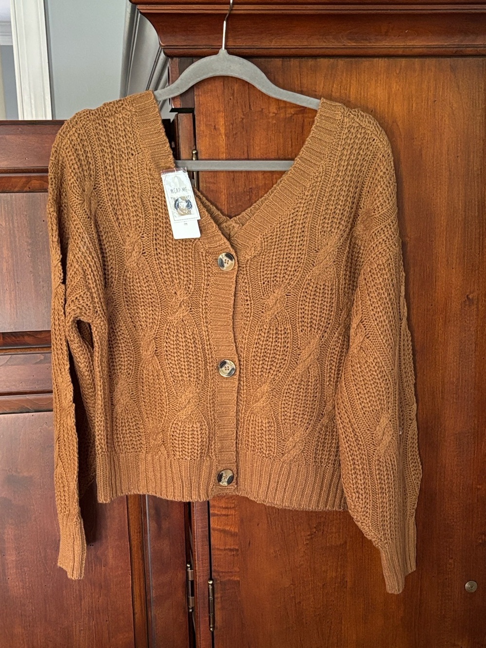 Pink Rose Cable Knit V-Neck Reversible Sweater, Tawny Brown
